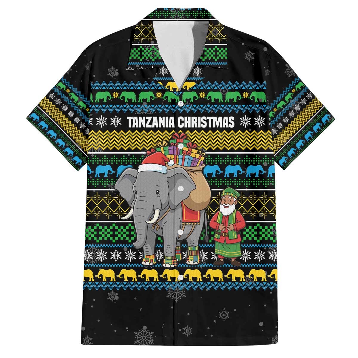 Tanzania Christmas Family Matching Off The Shoulder Long Sleeve Dress and Hawaiian Shirt with Santa Riding Elephant Snowflakes and Colorful African - Wonder Print Shop