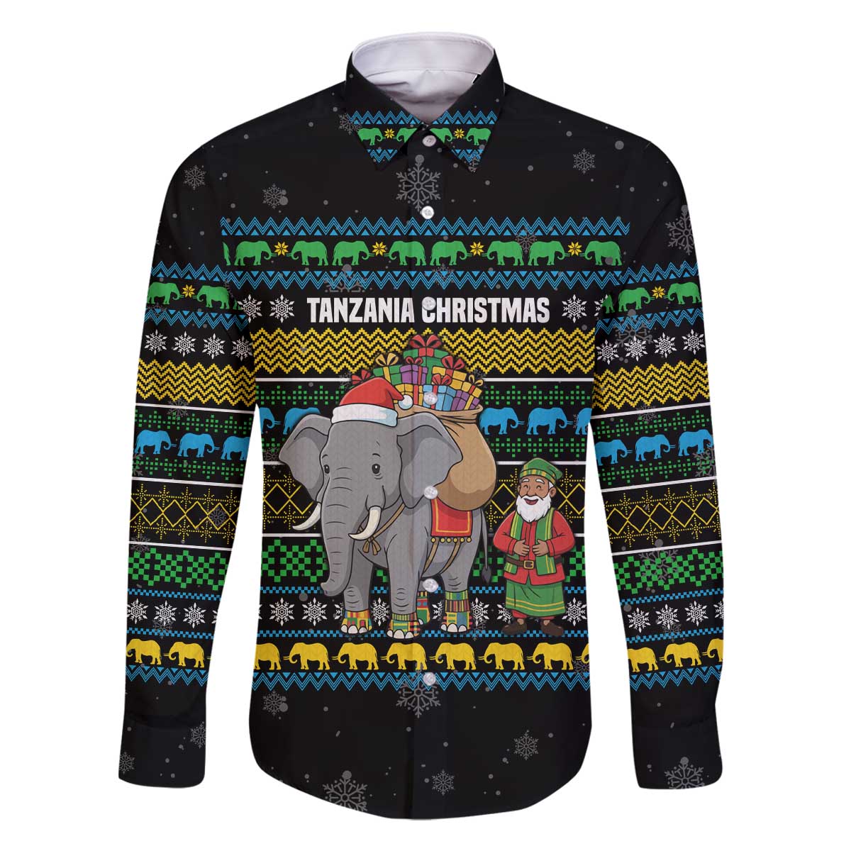 Tanzania Christmas Family Matching Off The Shoulder Long Sleeve Dress and Hawaiian Shirt with Santa Riding Elephant Snowflakes and Colorful African - Wonder Print Shop