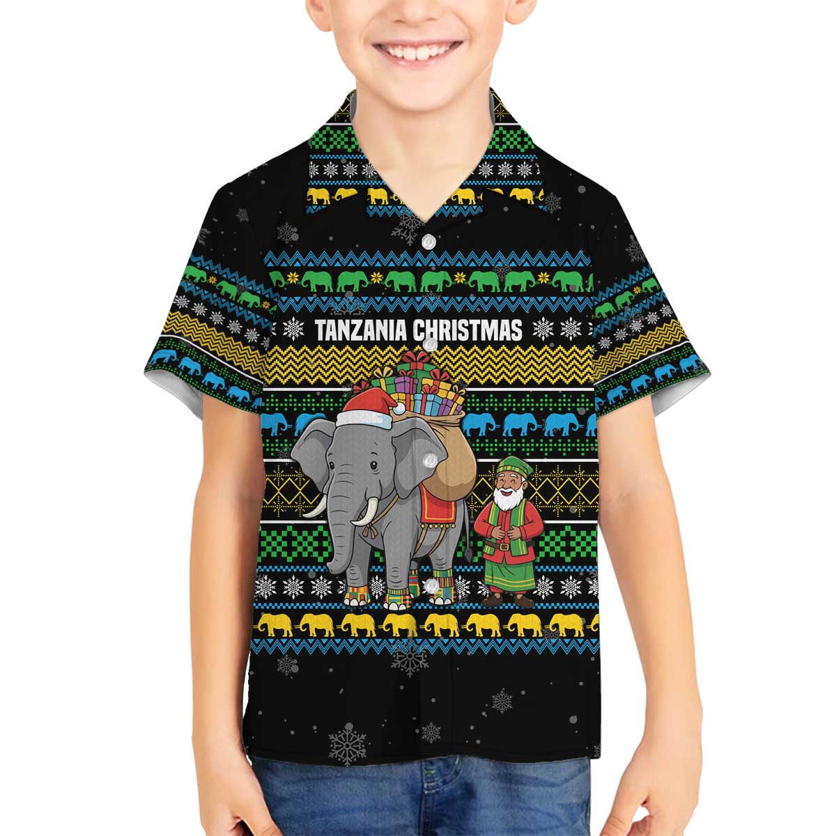 Tanzania Christmas Family Matching Off The Shoulder Long Sleeve Dress and Hawaiian Shirt with Santa Riding Elephant Snowflakes and Colorful African - Wonder Print Shop