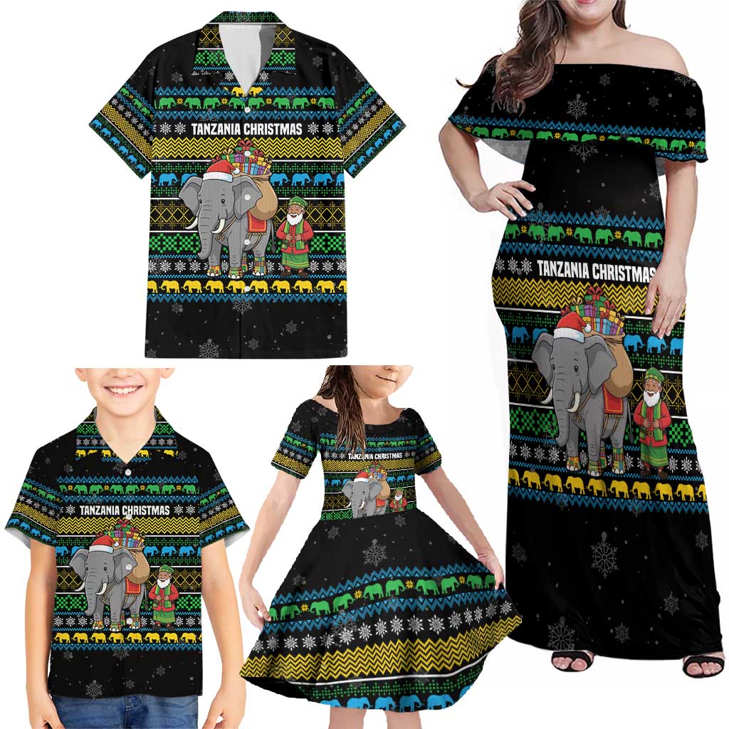 Tanzania Christmas Family Matching Off Shoulder Maxi Dress and Hawaiian Shirt with Santa Riding Elephant Snowflakes and Colorful African - Wonder Print Shop