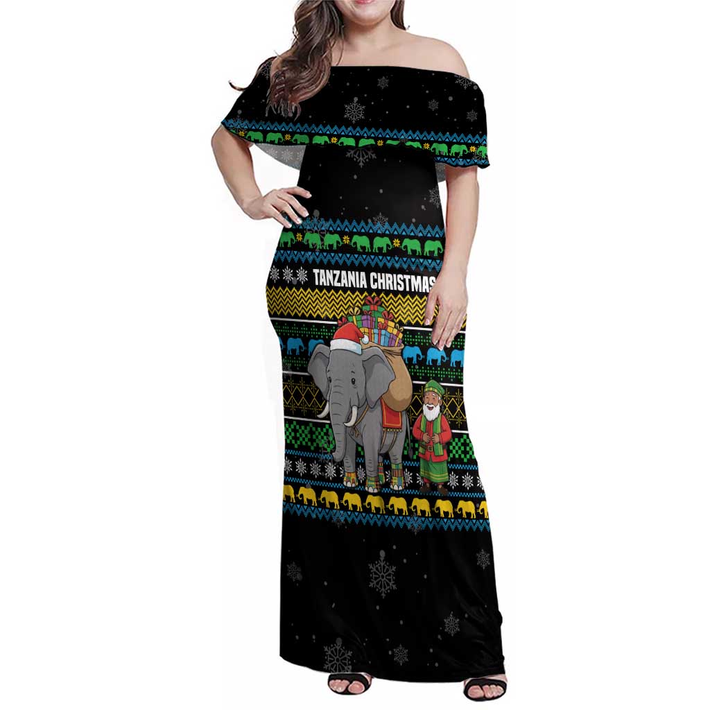Tanzania Christmas Family Matching Off Shoulder Maxi Dress and Hawaiian Shirt with Santa Riding Elephant Snowflakes and Colorful African - Wonder Print Shop