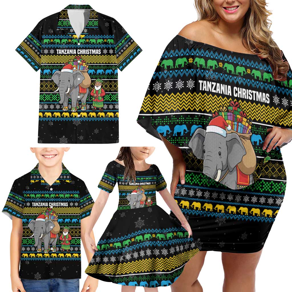 Tanzania Christmas Family Matching Off Shoulder Short Dress and Hawaiian Shirt with Santa Riding Elephant Snowflakes and Colorful African - Wonder Print Shop