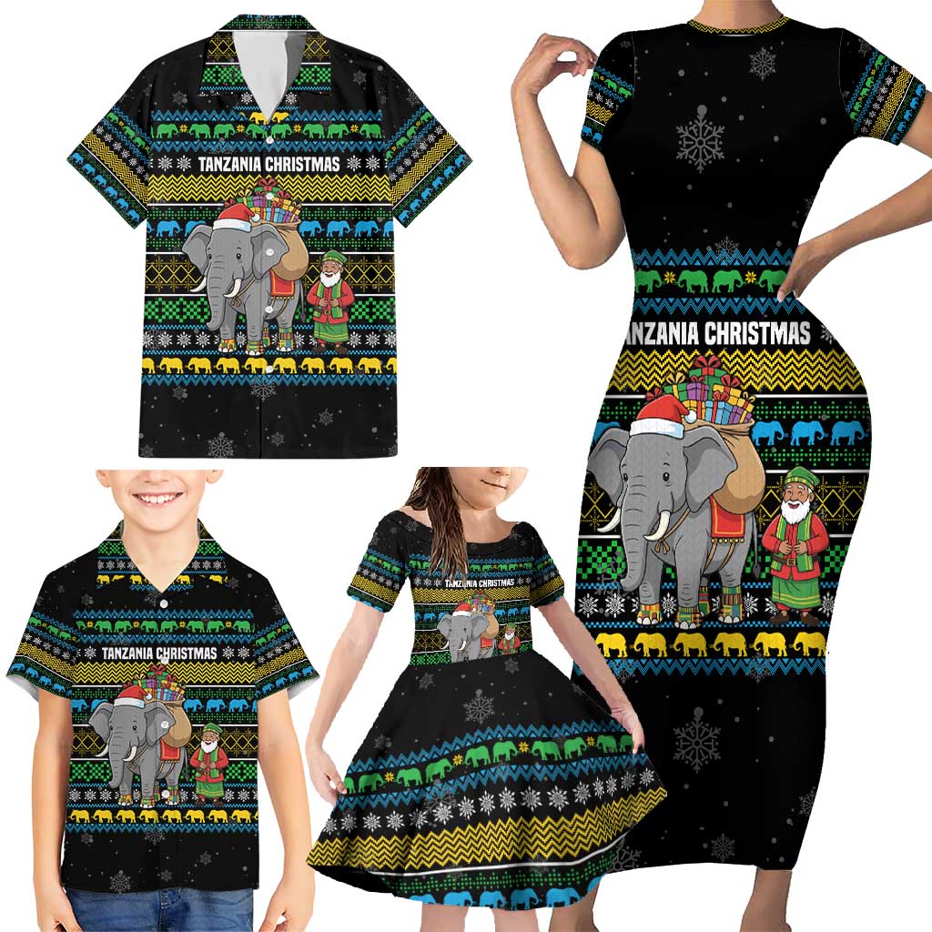 Tanzania Christmas Family Matching Short Sleeve Bodycon Dress and Hawaiian Shirt with Santa Riding Elephant Snowflakes and Colorful African - Wonder Print Shop