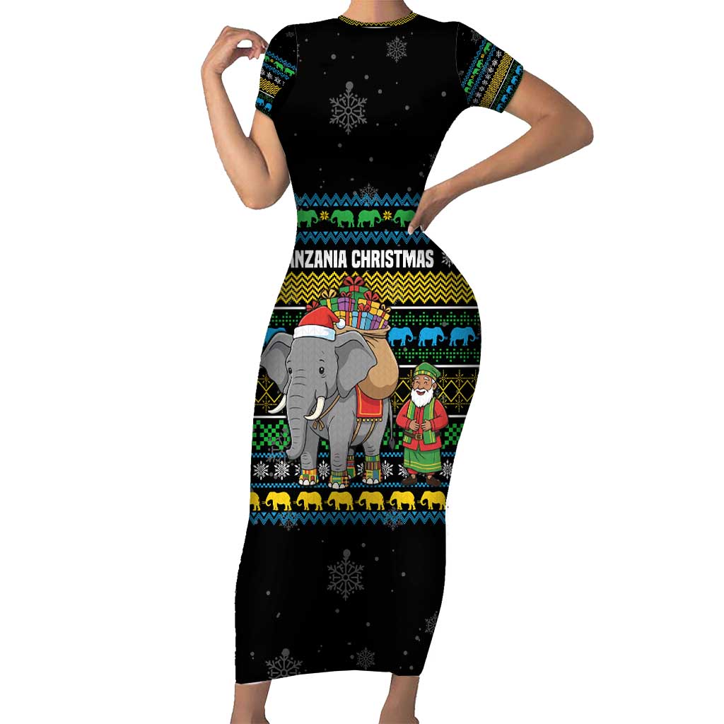 Tanzania Christmas Family Matching Short Sleeve Bodycon Dress and Hawaiian Shirt with Santa Riding Elephant Snowflakes and Colorful African - Wonder Print Shop