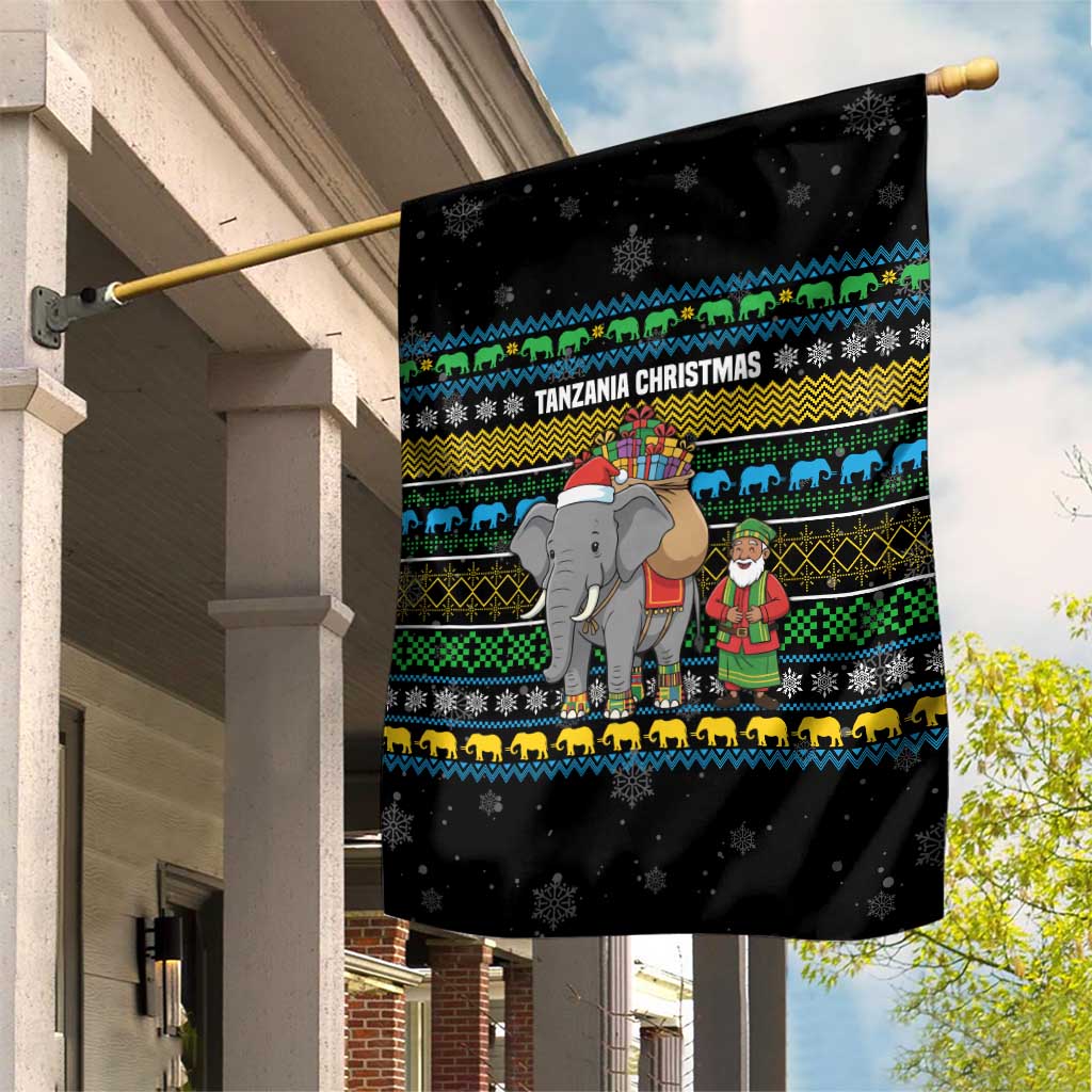 Tanzania Christmas Garden Flag with Santa Riding Elephant Snowflakes and Colorful African - Wonder Print Shop
