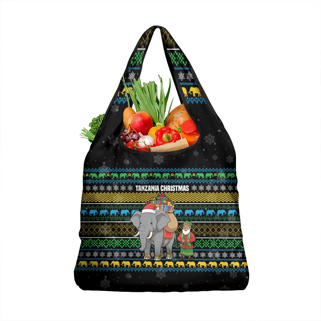 Tanzania Christmas Grocery Bag with Santa Riding Elephant Snowflakes and Colorful African - Wonder Print Shop
