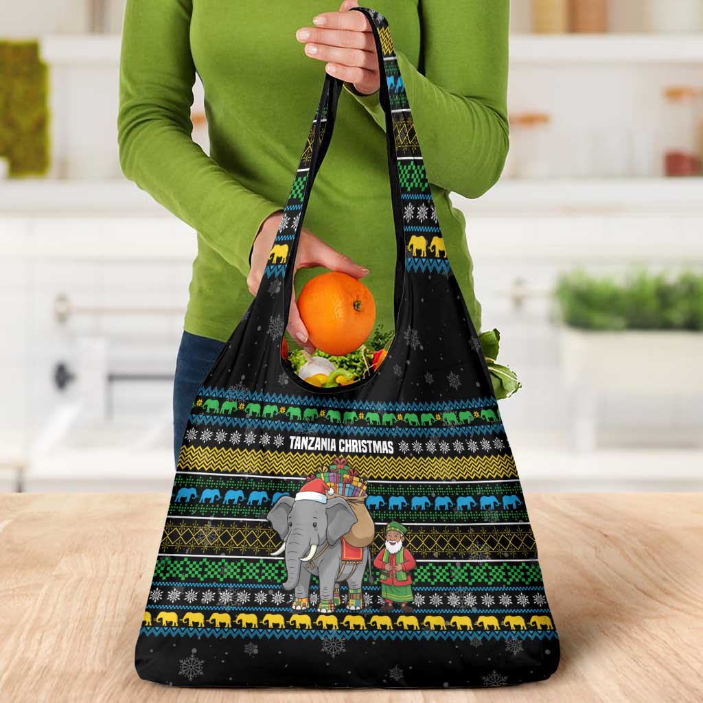 Tanzania Christmas Grocery Bag with Santa Riding Elephant Snowflakes and Colorful African - Wonder Print Shop