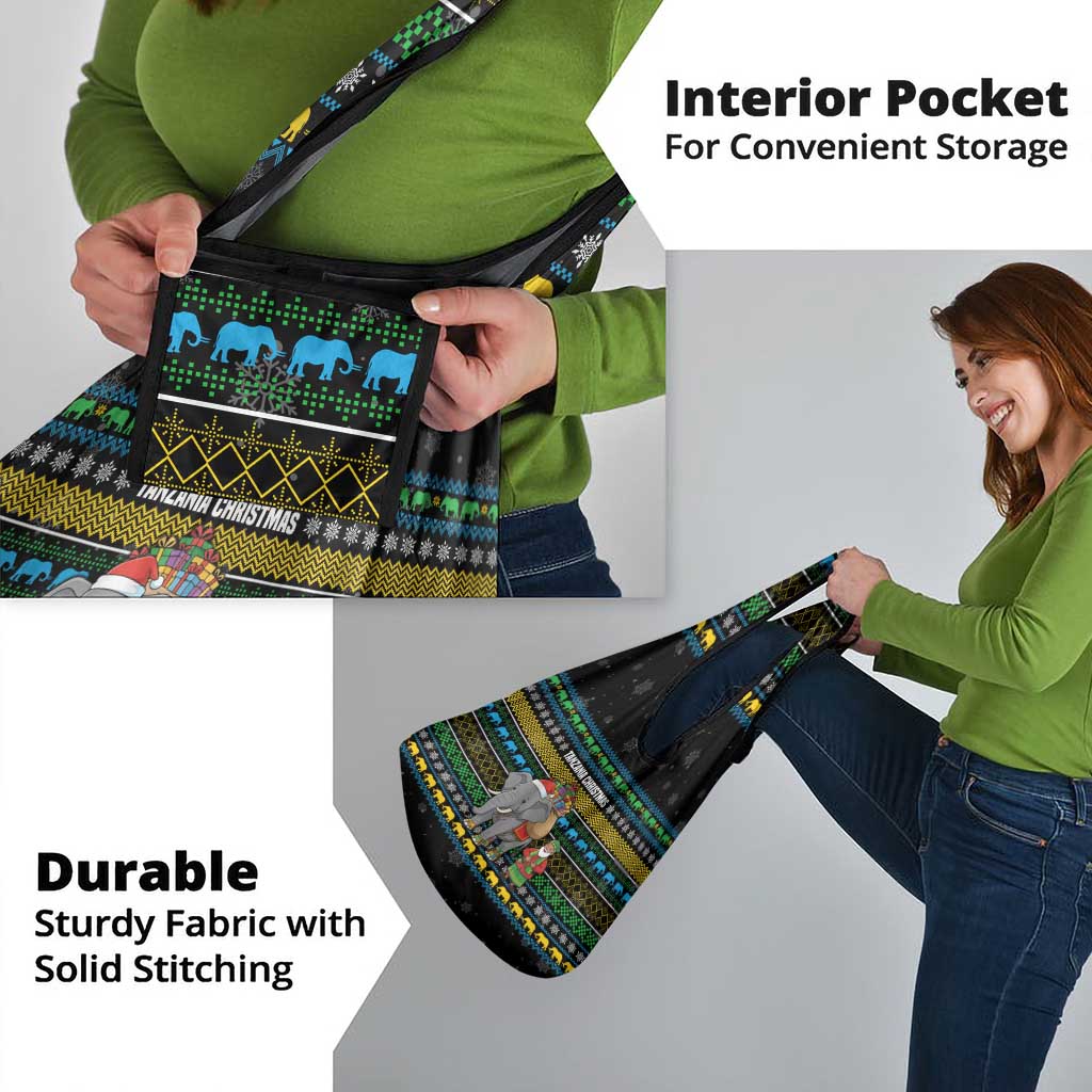 Tanzania Christmas Grocery Bag with Santa Riding Elephant Snowflakes and Colorful African - Wonder Print Shop