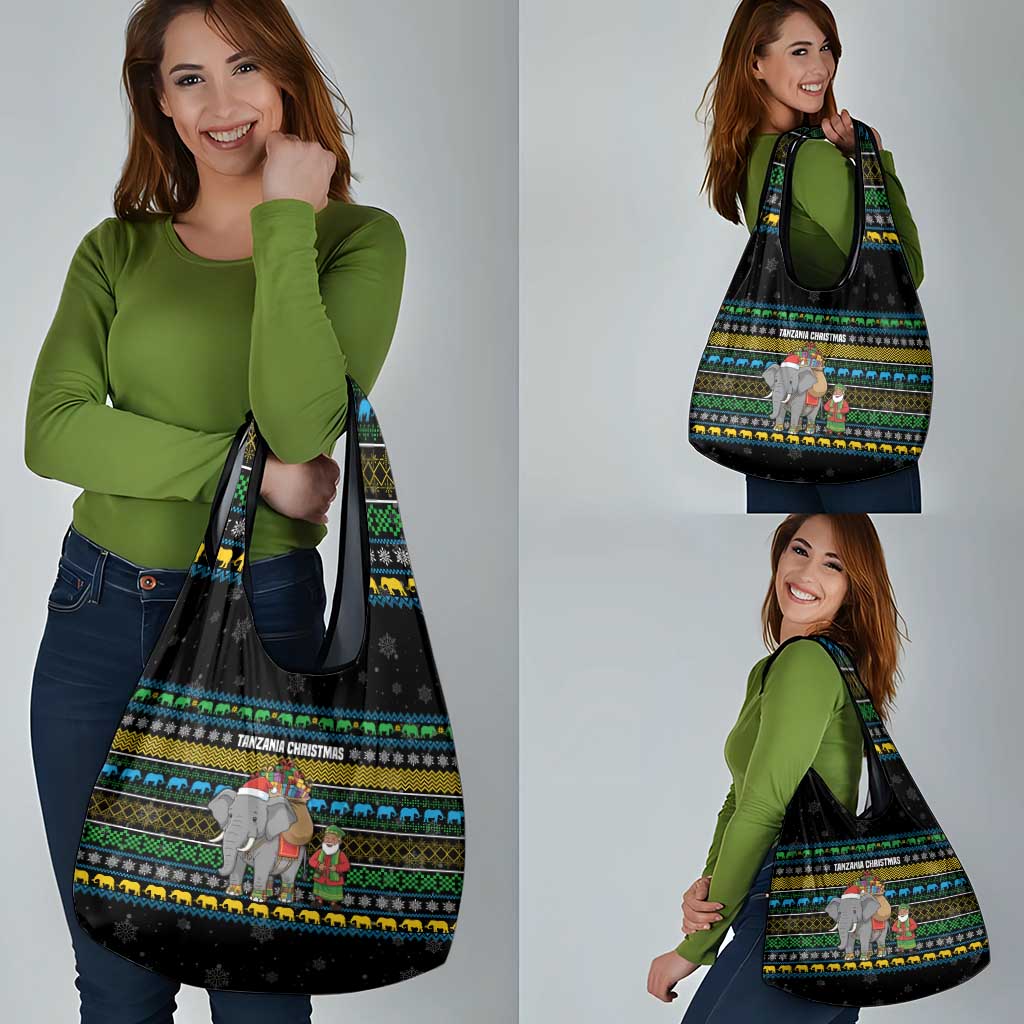 Tanzania Christmas Grocery Bag with Santa Riding Elephant Snowflakes and Colorful African - Wonder Print Shop