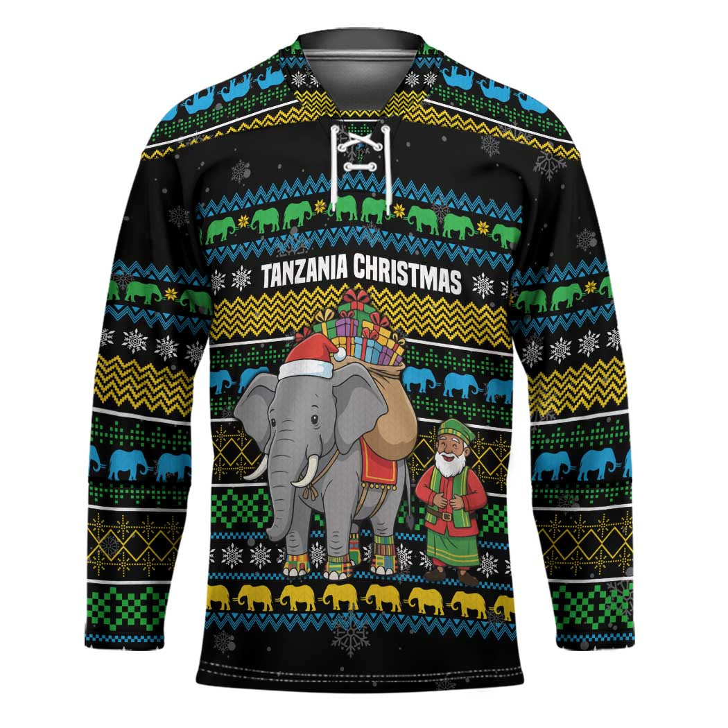 Tanzania Christmas Hockey Jersey with Santa Riding Elephant Snowflakes and Colorful African - Wonder Print Shop