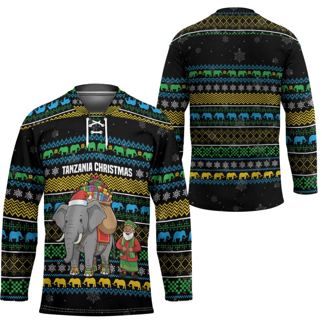 Tanzania Christmas Hockey Jersey with Santa Riding Elephant Snowflakes and Colorful African - Wonder Print Shop
