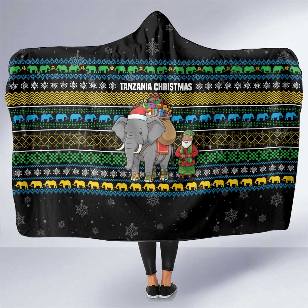 Tanzania Christmas Hooded Blanket with Santa Riding Elephant Snowflakes and Colorful African - Wonder Print Shop