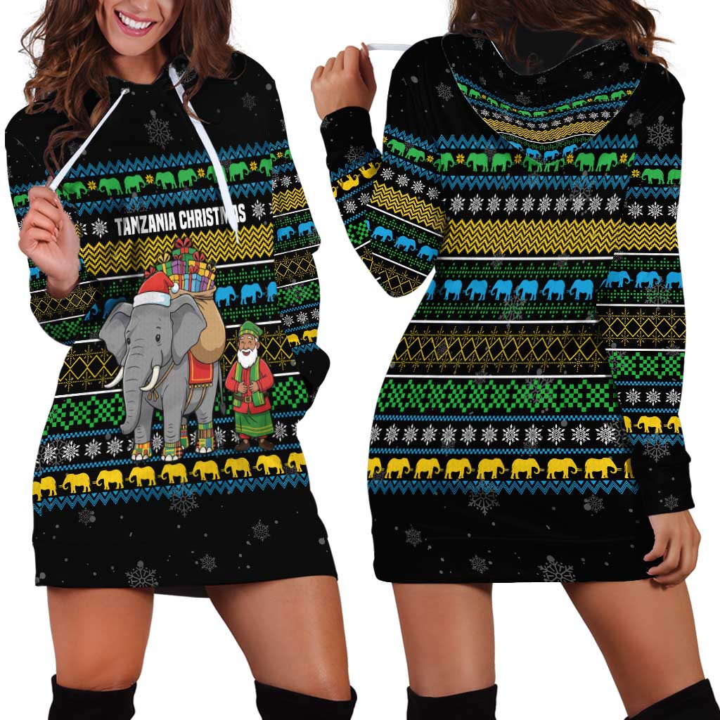 Tanzania Christmas Hoodie Dress with Santa Riding Elephant Snowflakes and Colorful African - Wonder Print Shop