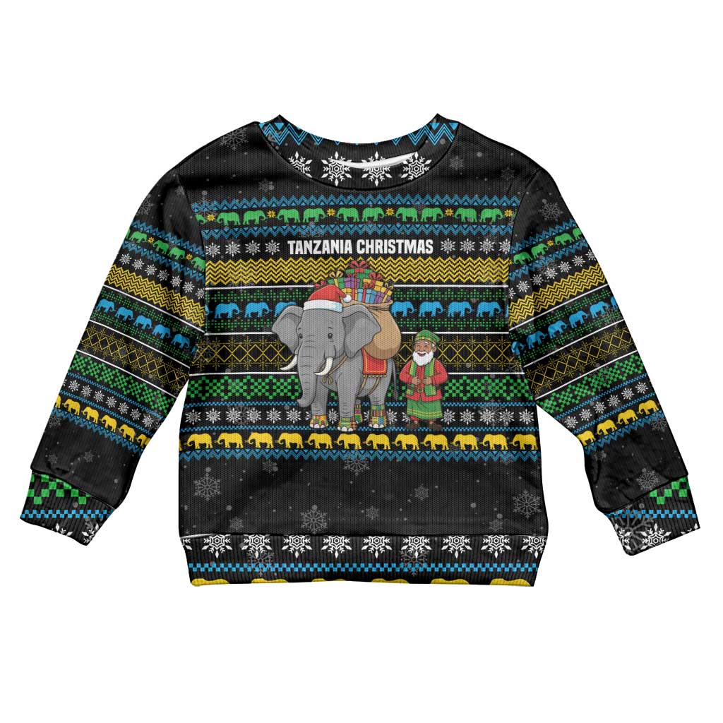 Tanzania Christmas Kid Ugly Christmas Sweater with Santa Riding Elephant Snowflakes and Colorful African - Wonder Print Shop