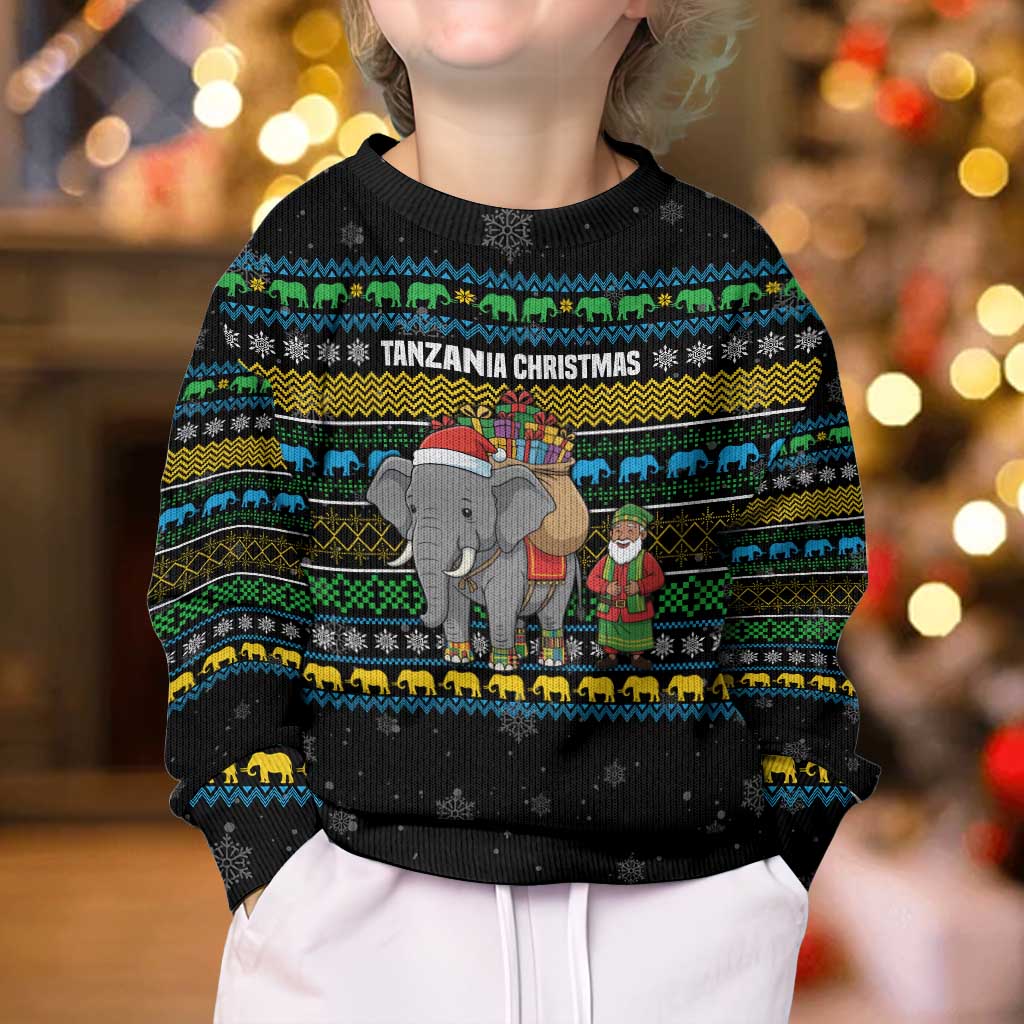 Tanzania Christmas Kid Ugly Christmas Sweater with Santa Riding Elephant Snowflakes and Colorful African - Wonder Print Shop