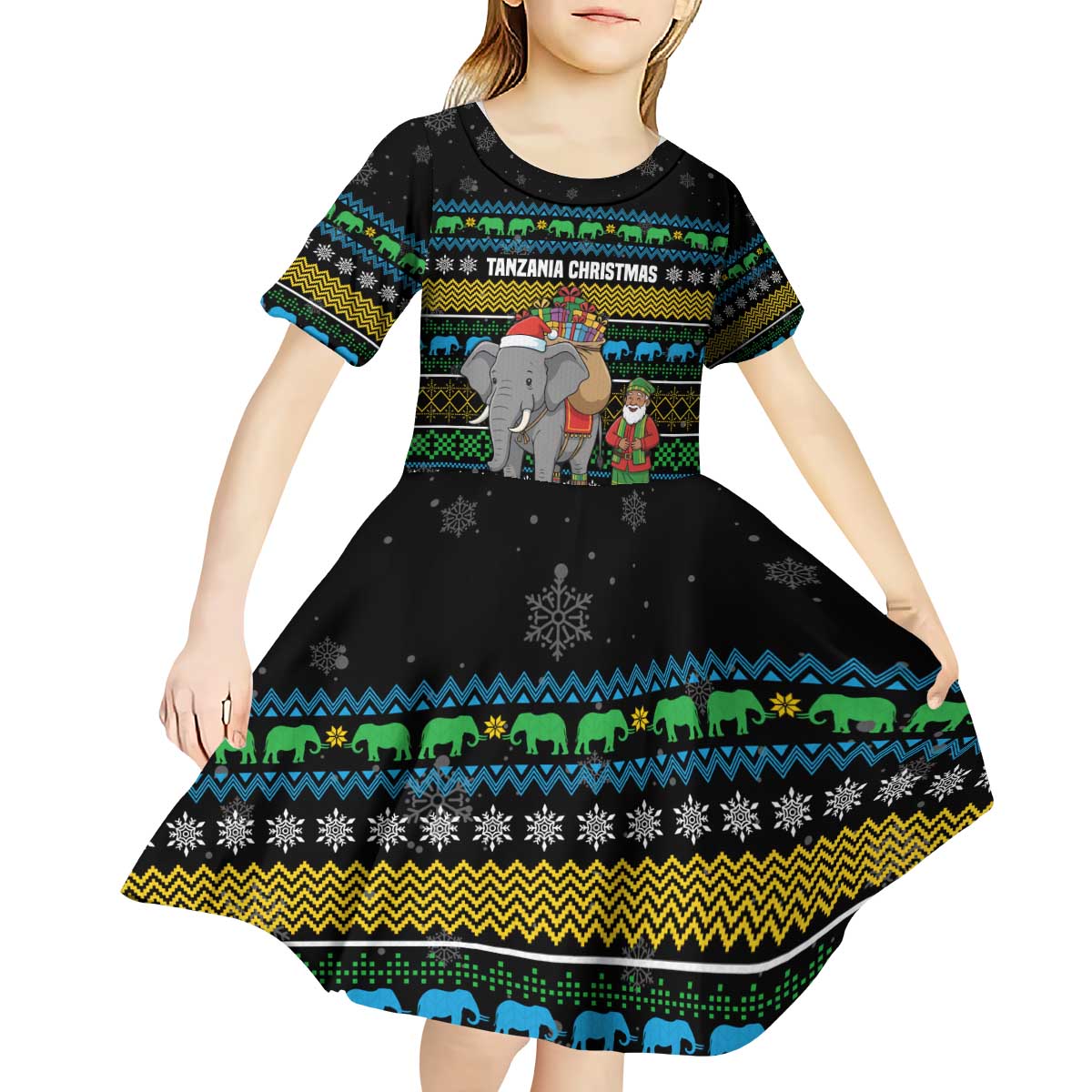 Tanzania Christmas Kid Short Sleeve Dress with Santa Riding Elephant Snowflakes and Colorful African - Wonder Print Shop