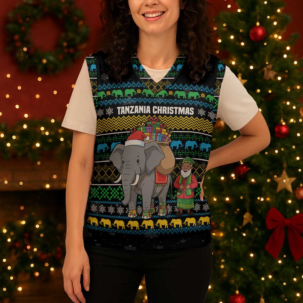 Tanzania Christmas Knitted V-Neck Vest with Santa Riding Elephant Snowflakes and Colorful African - Wonder Print Shop