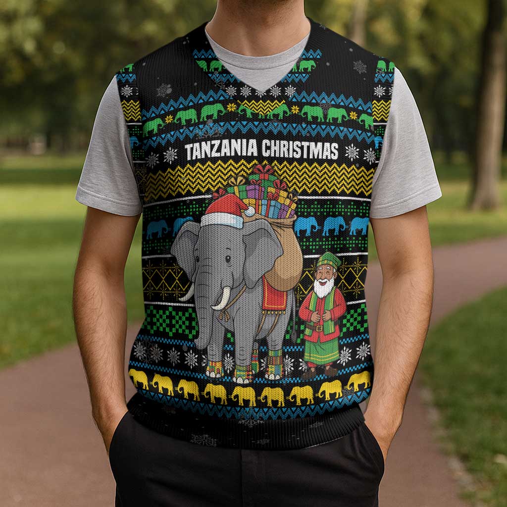 Tanzania Christmas Knitted V-Neck Vest with Santa Riding Elephant Snowflakes and Colorful African - Wonder Print Shop