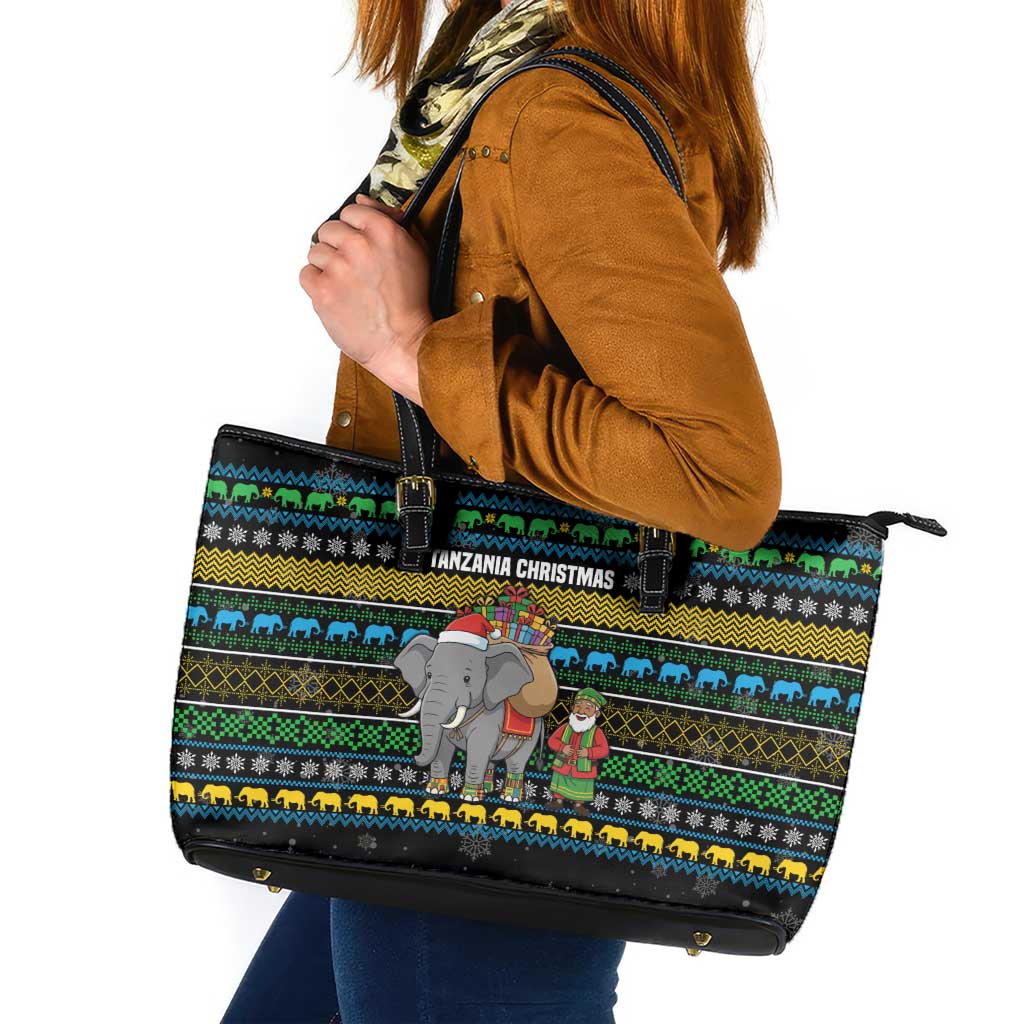Tanzania Christmas Leather Tote Bag with Santa Riding Elephant Snowflakes and Colorful African - Wonder Print Shop