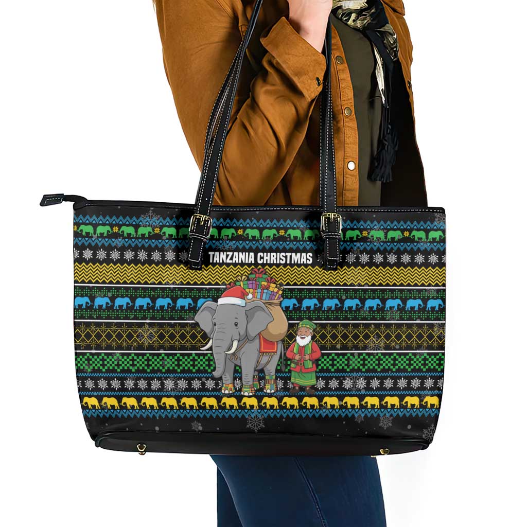 Tanzania Christmas Leather Tote Bag with Santa Riding Elephant Snowflakes and Colorful African - Wonder Print Shop