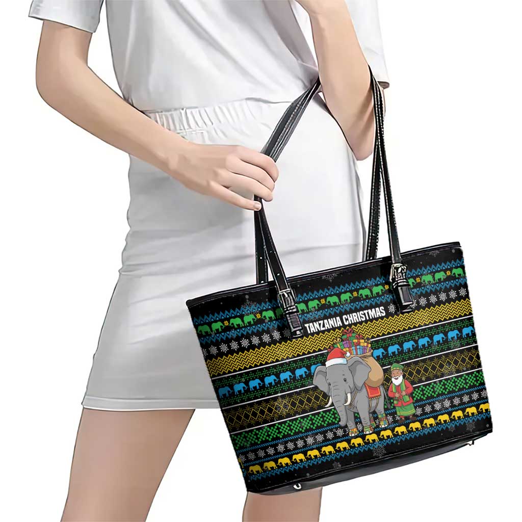 Tanzania Christmas Leather Tote Bag with Santa Riding Elephant Snowflakes and Colorful African - Wonder Print Shop