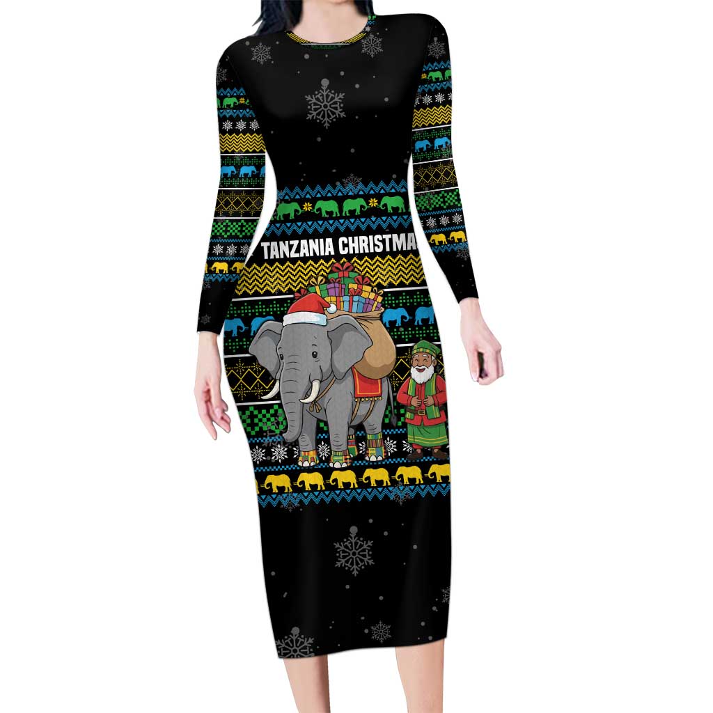 Tanzania Christmas Long Sleeve Bodycon Dress with Santa Riding Elephant Snowflakes and Colorful African - Wonder Print Shop