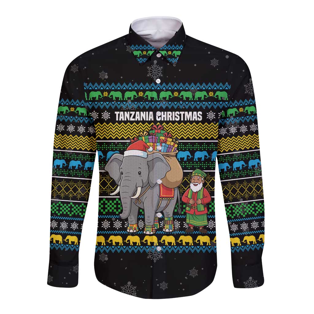 Tanzania Christmas Long Sleeve Button Shirt with Santa Riding Elephant Snowflakes and Colorful African - Wonder Print Shop