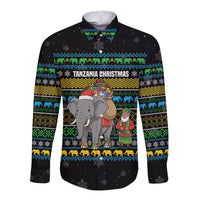 Tanzania Christmas Long Sleeve Button Shirt with Santa Riding Elephant Snowflakes and Colorful African - Wonder Print Shop