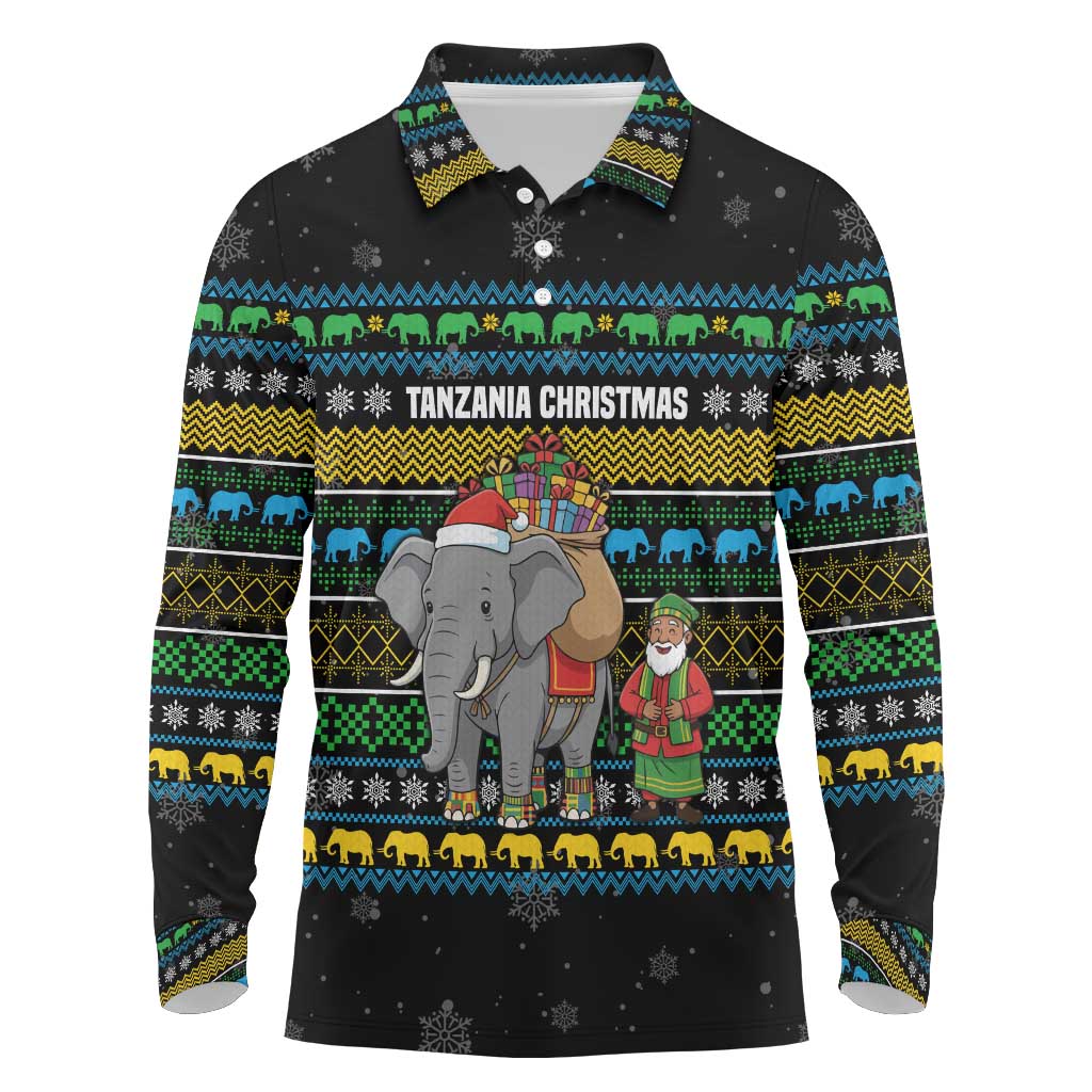 Tanzania Christmas Long Sleeve Polo Shirt with Santa Riding Elephant Snowflakes and Colorful African - Wonder Print Shop