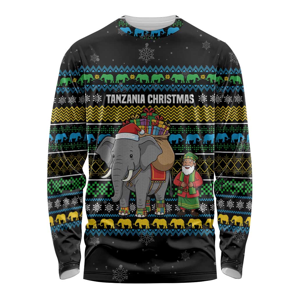 Tanzania Christmas Long Sleeve Shirt with Santa Riding Elephant Snowflakes and Colorful African - Wonder Print Shop