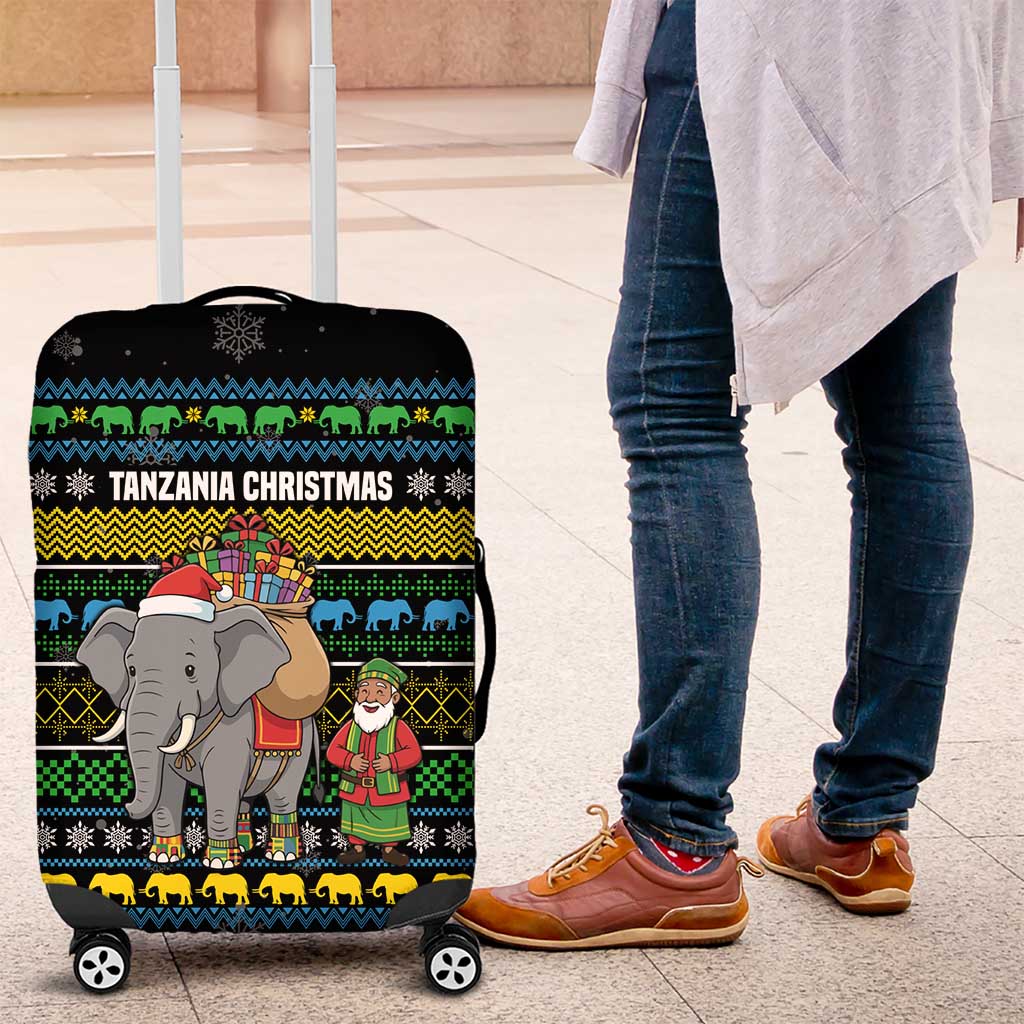 Tanzania Christmas Luggage Cover with Santa Riding Elephant Snowflakes and Colorful African - Wonder Print Shop