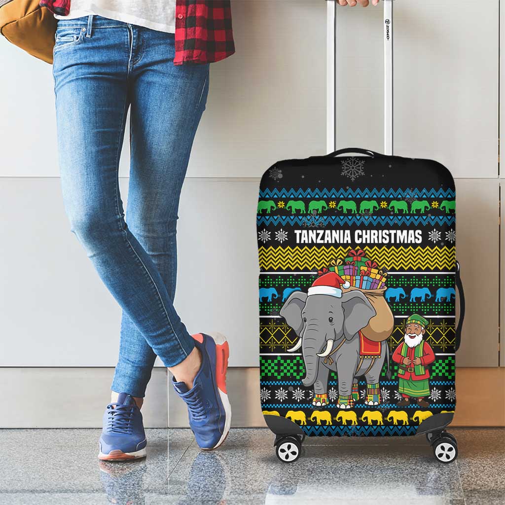 Tanzania Christmas Luggage Cover with Santa Riding Elephant Snowflakes and Colorful African - Wonder Print Shop