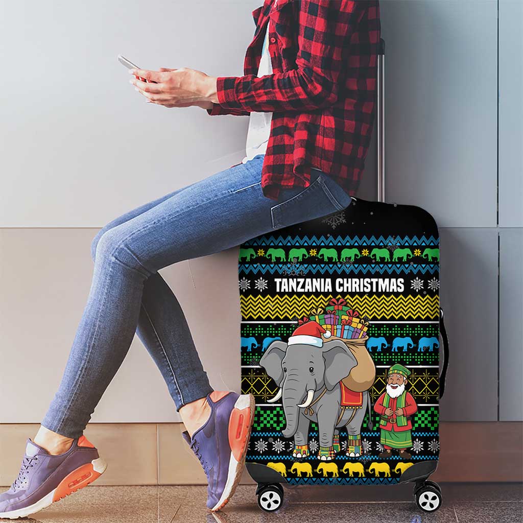 Tanzania Christmas Luggage Cover with Santa Riding Elephant Snowflakes and Colorful African - Wonder Print Shop