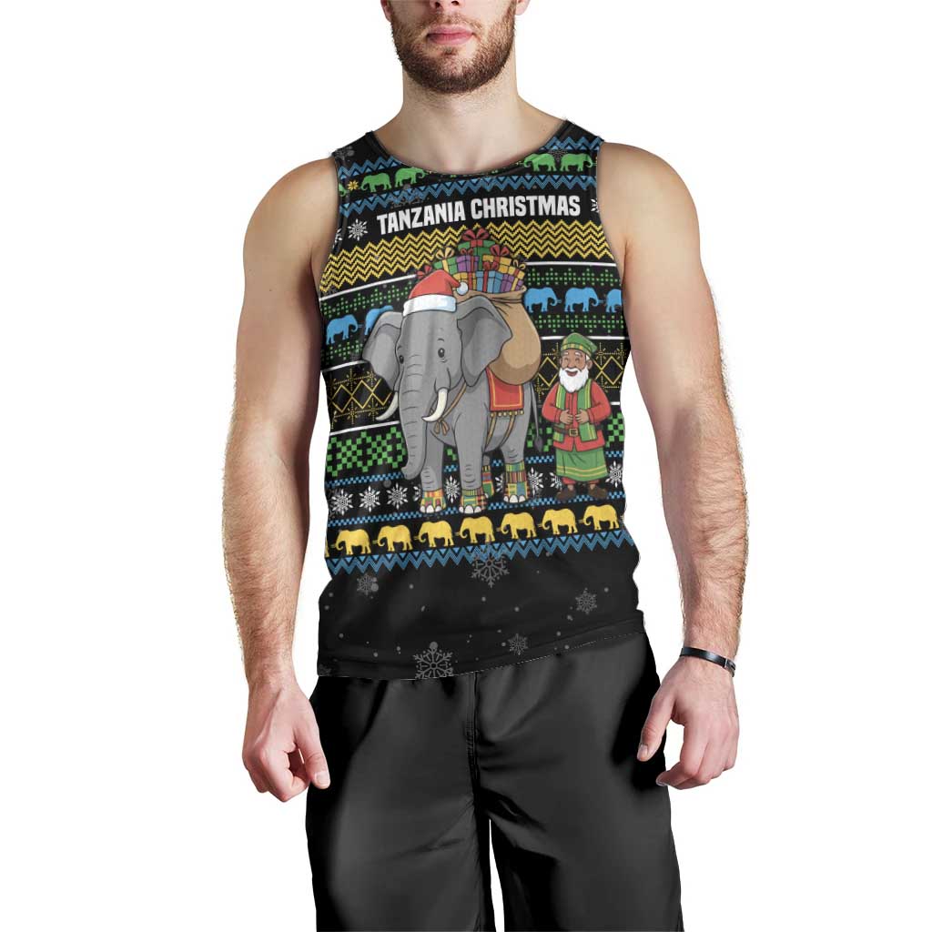 Tanzania Christmas Men Tank Top with Santa Riding Elephant Snowflakes and Colorful African - Wonder Print Shop