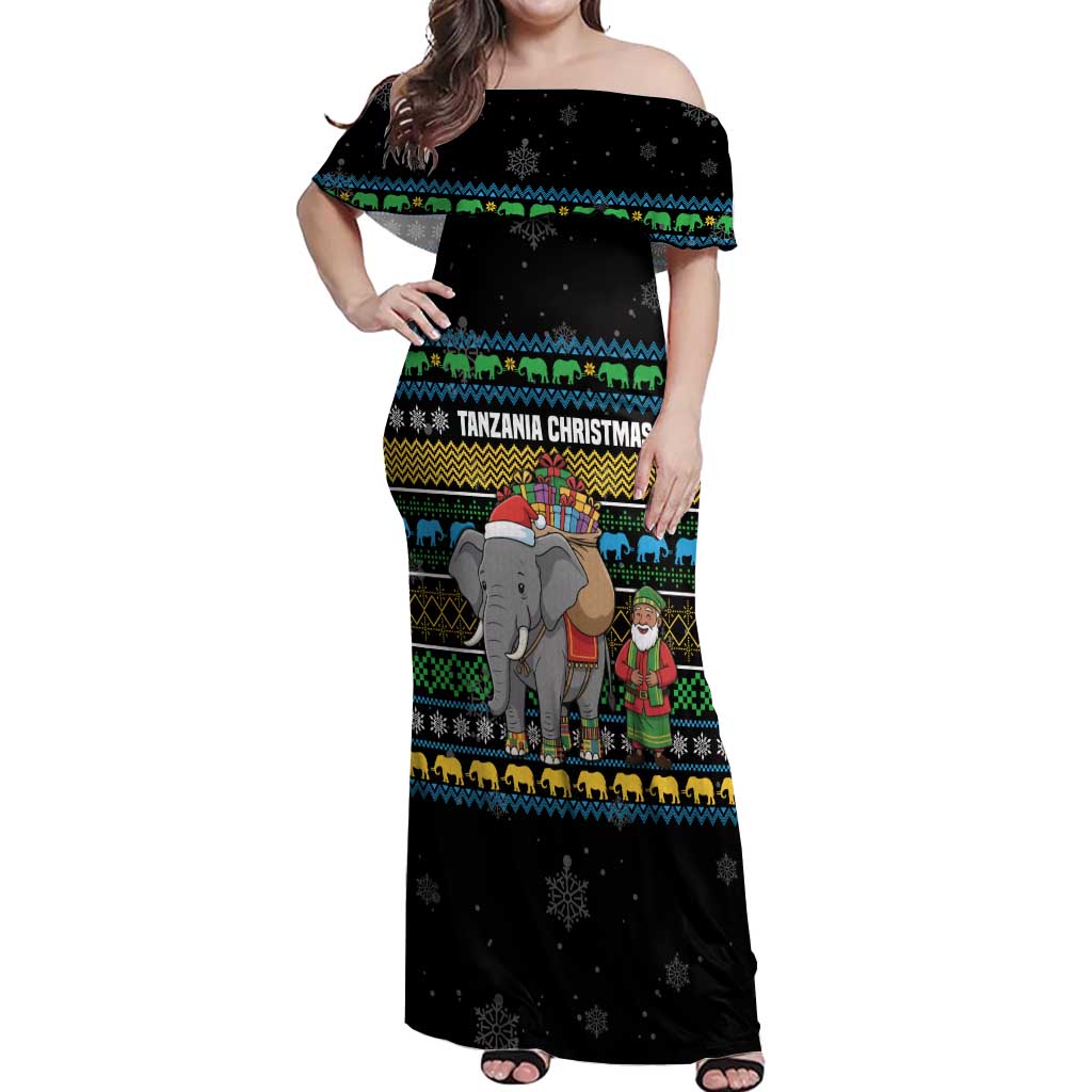 Tanzania Christmas Off Shoulder Maxi Dress with Santa Riding Elephant Snowflakes and Colorful African - Wonder Print Shop