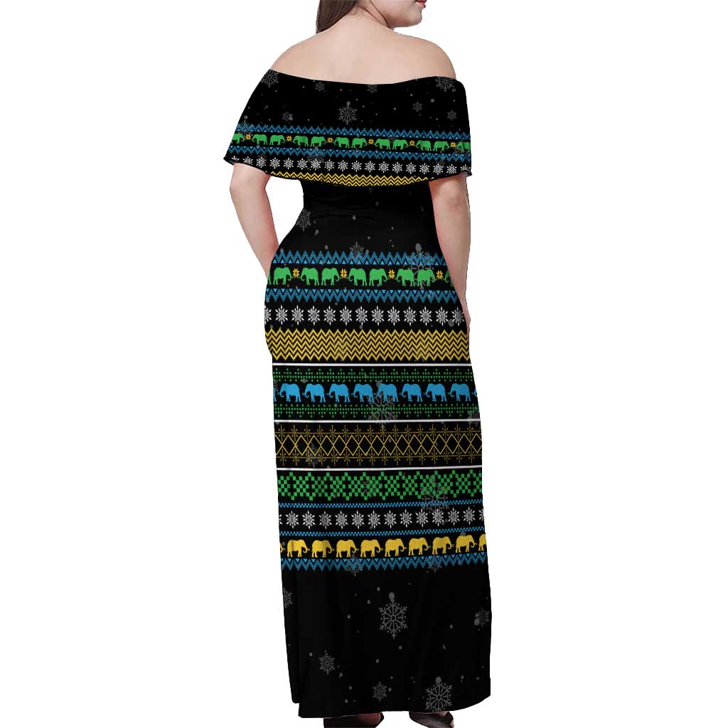 Tanzania Christmas Off Shoulder Maxi Dress with Santa Riding Elephant Snowflakes and Colorful African - Wonder Print Shop