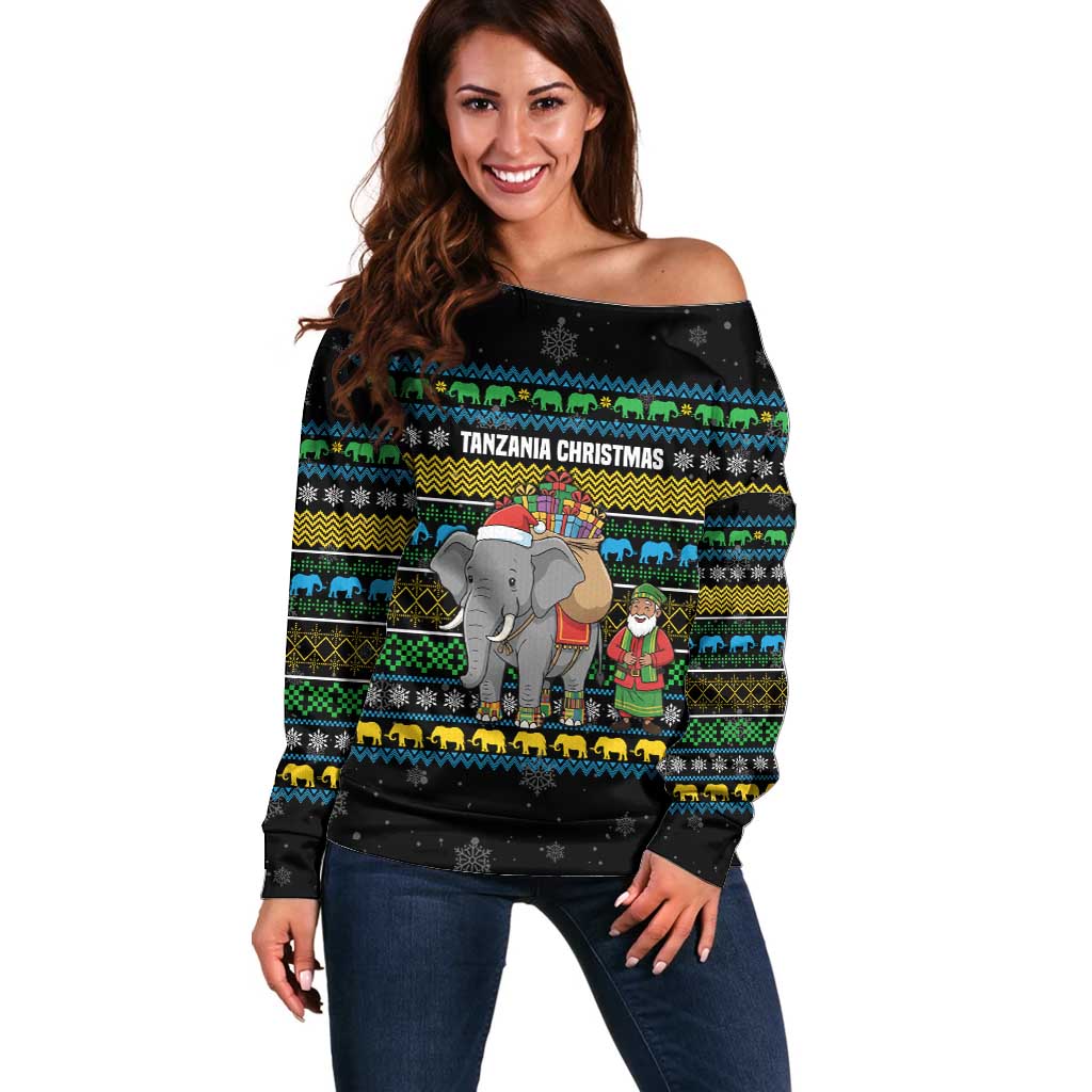 Tanzania Christmas Off Shoulder Sweater with Santa Riding Elephant Snowflakes and Colorful African - Wonder Print Shop
