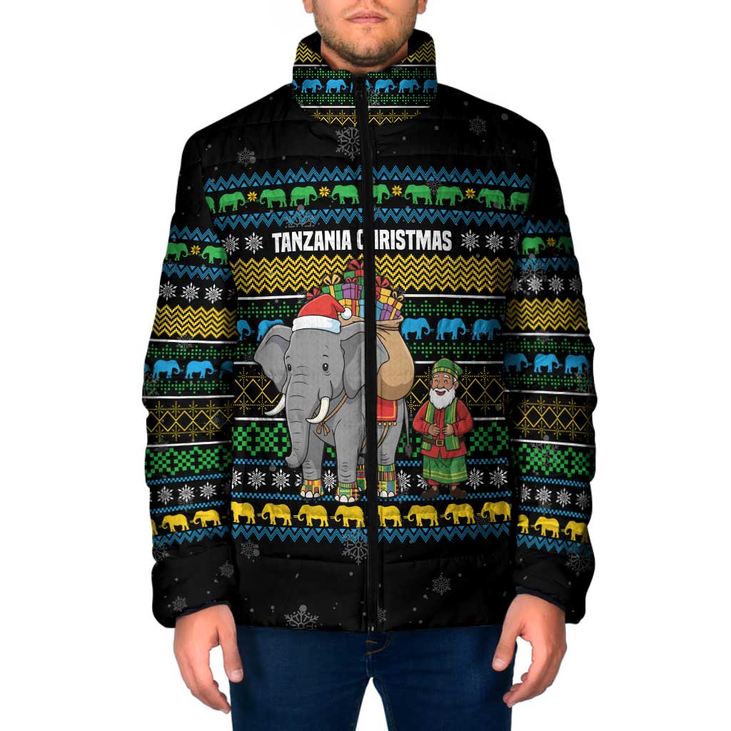 Tanzania Christmas Padded Jacket with Santa Riding Elephant Snowflakes and Colorful African - Wonder Print Shop
