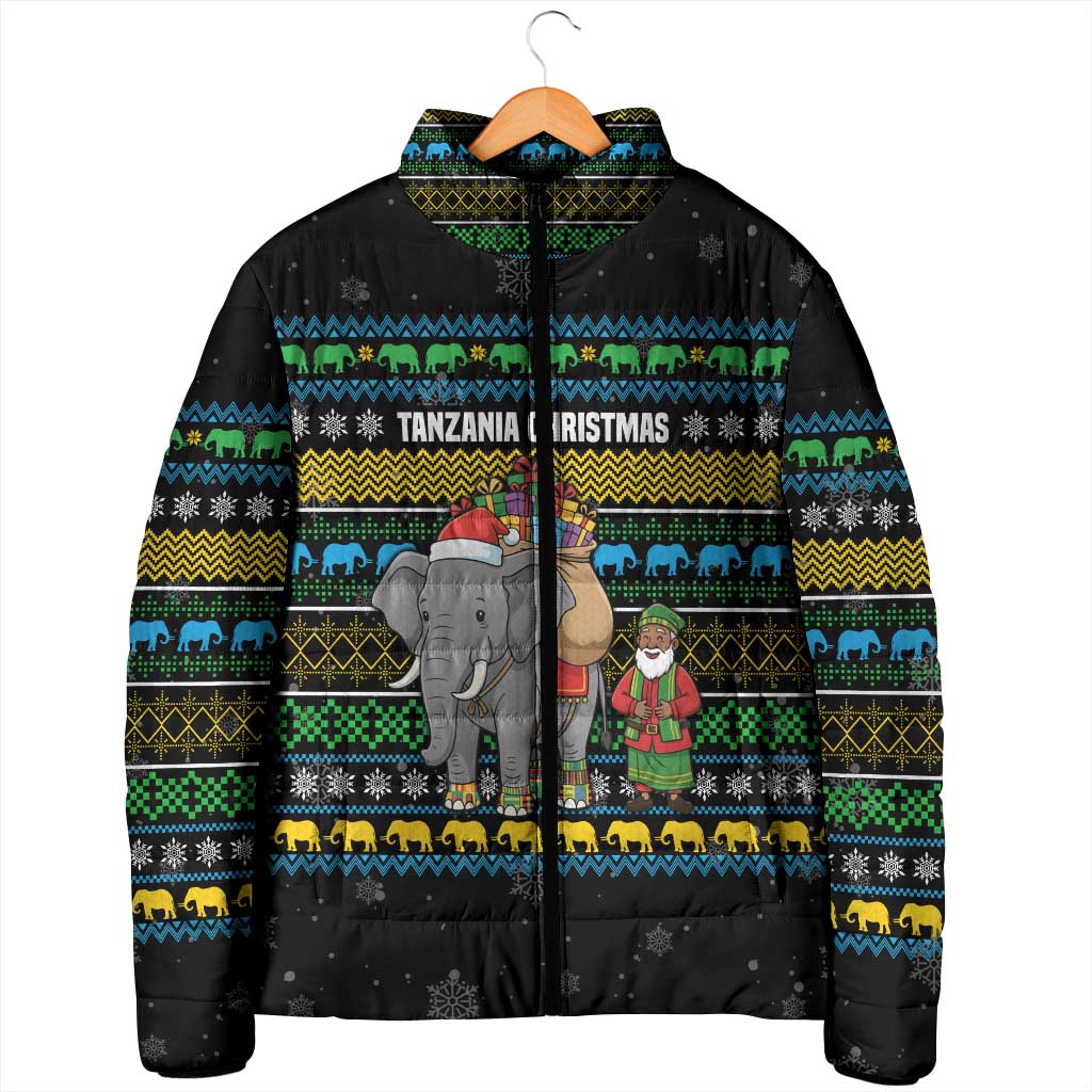 Tanzania Christmas Padded Jacket with Santa Riding Elephant Snowflakes and Colorful African - Wonder Print Shop