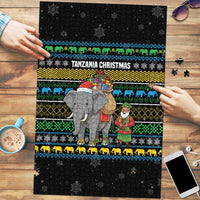 Tanzania Christmas Puzzle with Santa Riding Elephant Snowflakes and Colorful African - Wonder Print Shop