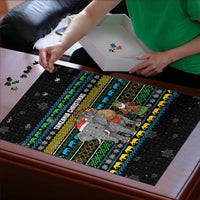 Tanzania Christmas Puzzle with Santa Riding Elephant Snowflakes and Colorful African - Wonder Print Shop