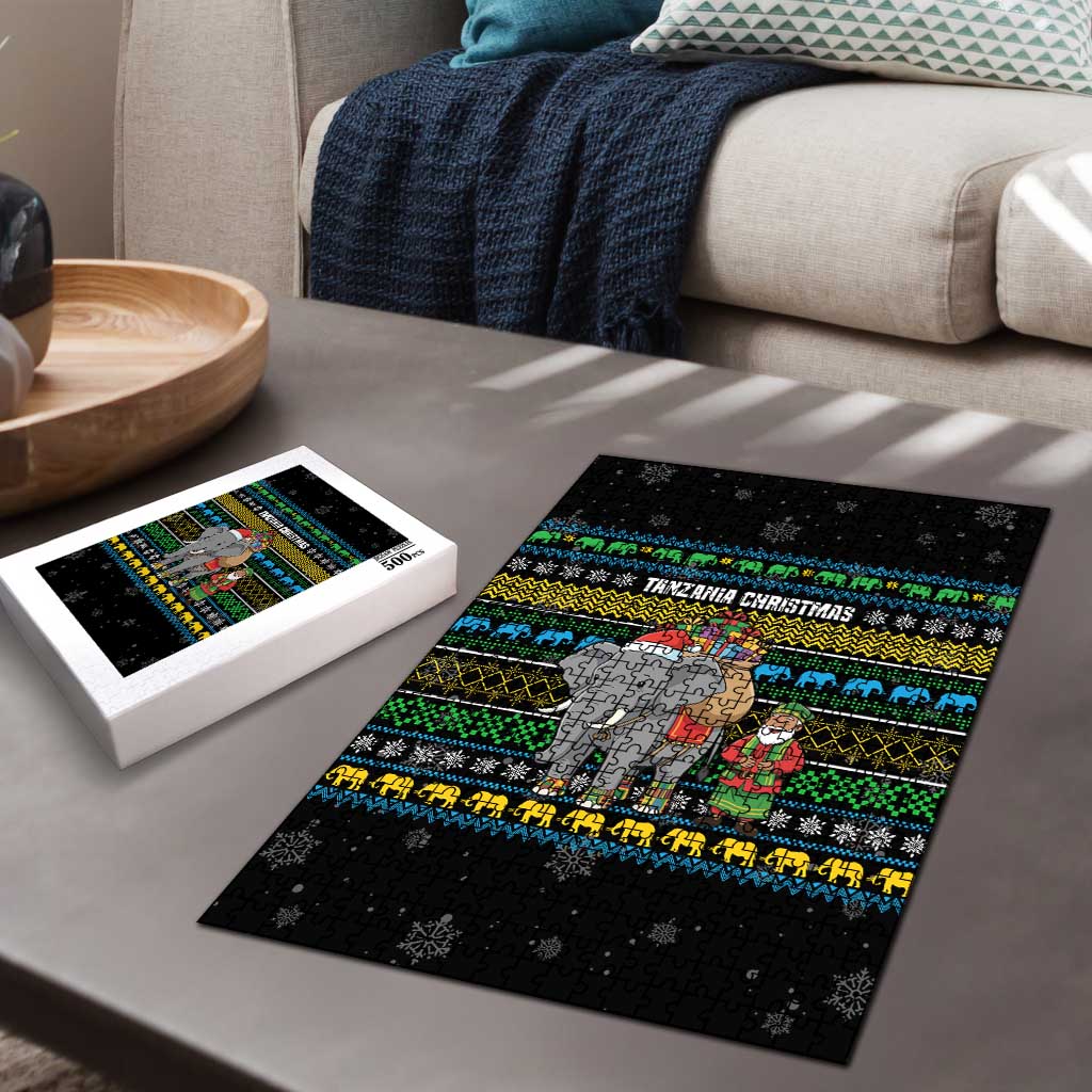 Tanzania Christmas Puzzle with Santa Riding Elephant Snowflakes and Colorful African - Wonder Print Shop