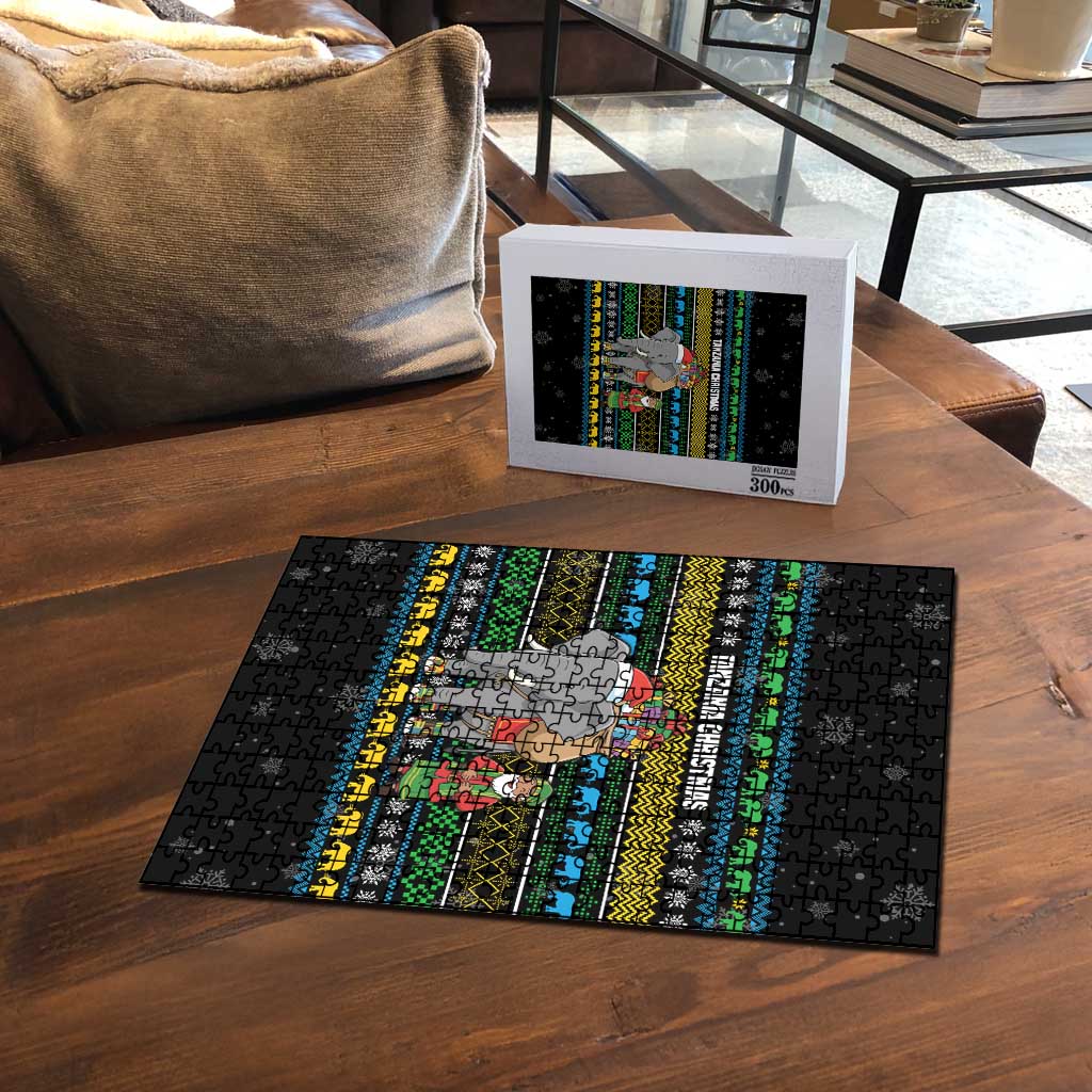 Tanzania Christmas Puzzle with Santa Riding Elephant Snowflakes and Colorful African - Wonder Print Shop
