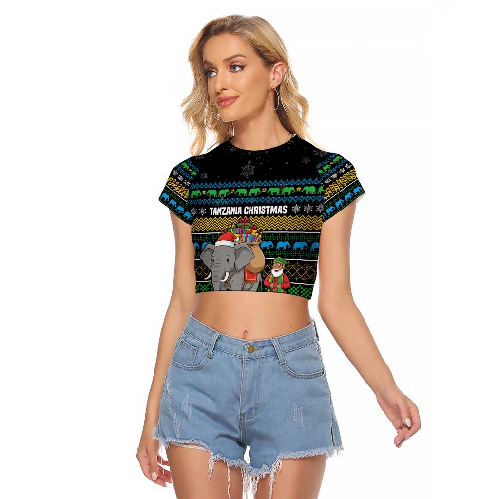 Tanzania Christmas Raglan Cropped T Shirt with Santa Riding Elephant Snowflakes and Colorful African - Wonder Print Shop