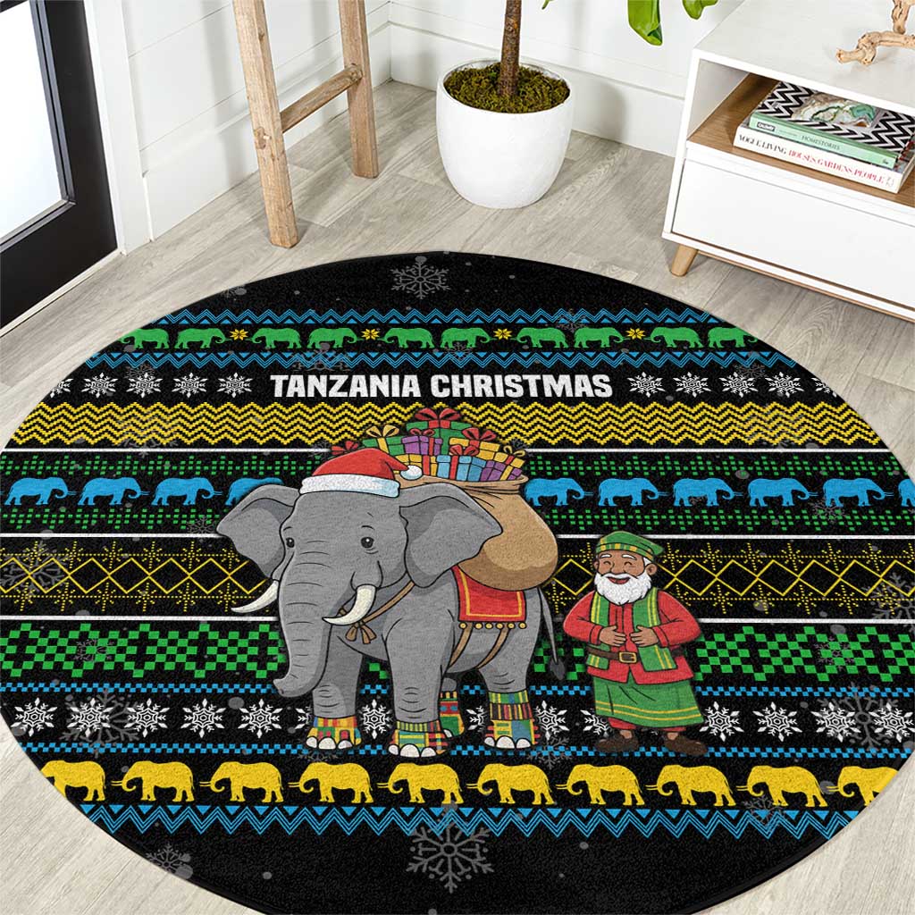 Tanzania Christmas Round Carpet with Santa Riding Elephant Snowflakes and Colorful African - Wonder Print Shop