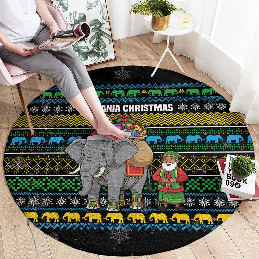 Tanzania Christmas Round Carpet with Santa Riding Elephant Snowflakes and Colorful African - Wonder Print Shop