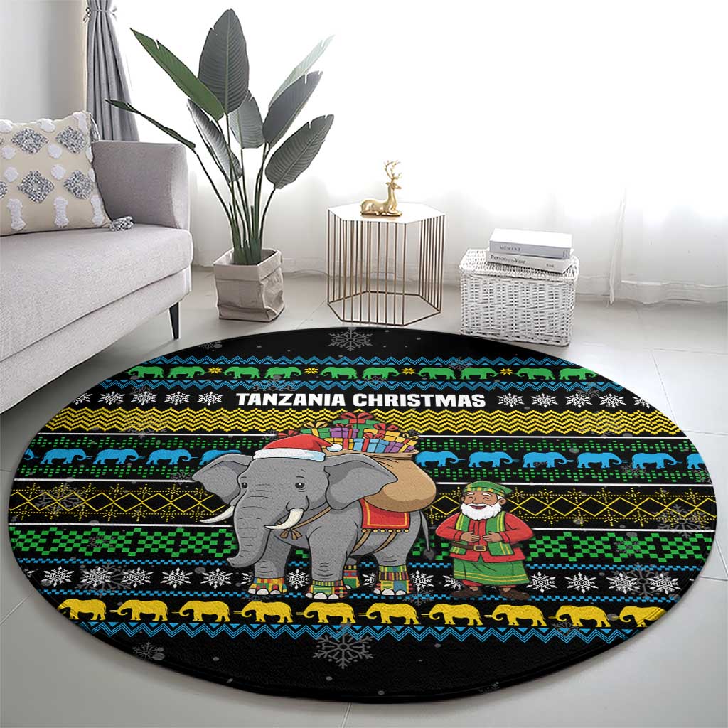 Tanzania Christmas Round Carpet with Santa Riding Elephant Snowflakes and Colorful African - Wonder Print Shop
