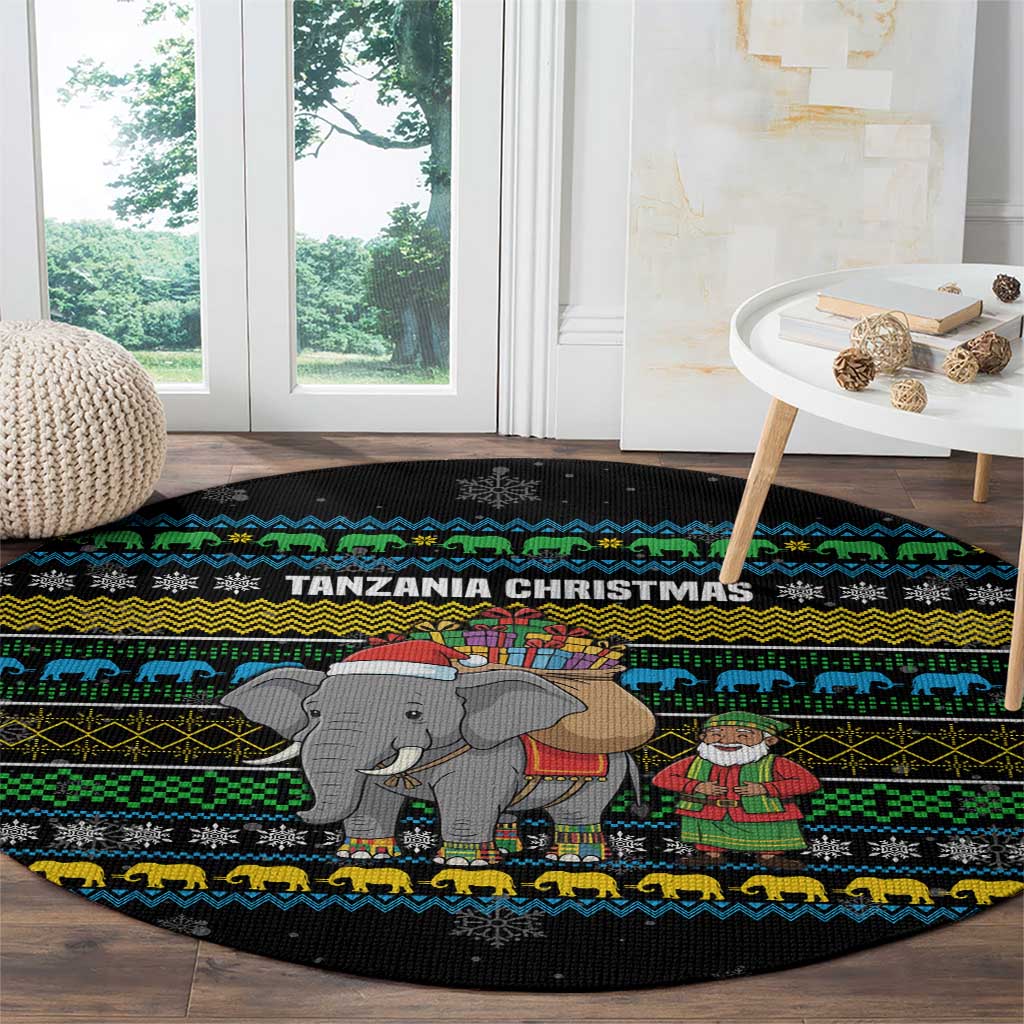 Tanzania Christmas Round Carpet with Santa Riding Elephant Snowflakes and Colorful African - Wonder Print Shop