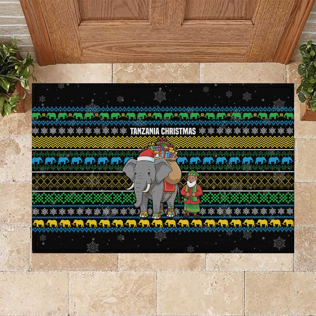 Tanzania Christmas Rubber Doormat with Santa Riding Elephant Snowflakes and Colorful African - Wonder Print Shop