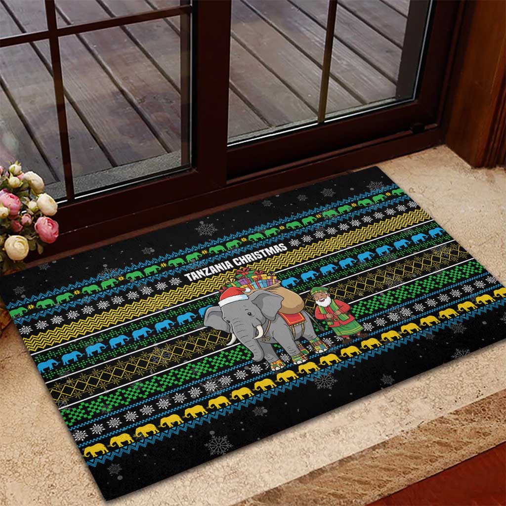 Tanzania Christmas Rubber Doormat with Santa Riding Elephant Snowflakes and Colorful African - Wonder Print Shop